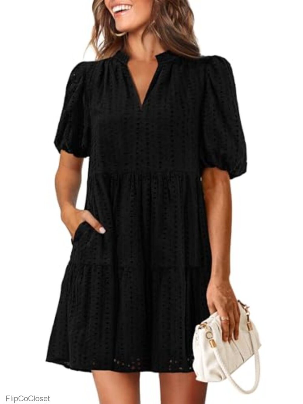 Women's Eyelet Shift Dress Cotton Summer Mini V-Neck Short Sleeve Lace Tiered
